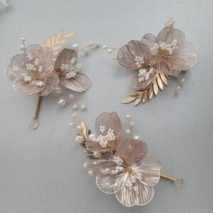 3x Bridal Bride hair pieces flower pearl Headpiece Gold Wedding Hair